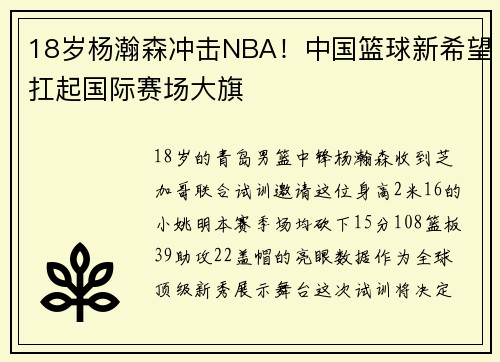 18岁杨瀚森冲击NBA！中国篮球新希望扛起国际赛场大旗